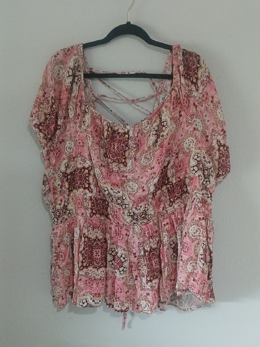 Pink Patterned Peplum Women's Blouse With Coset Ties In Back